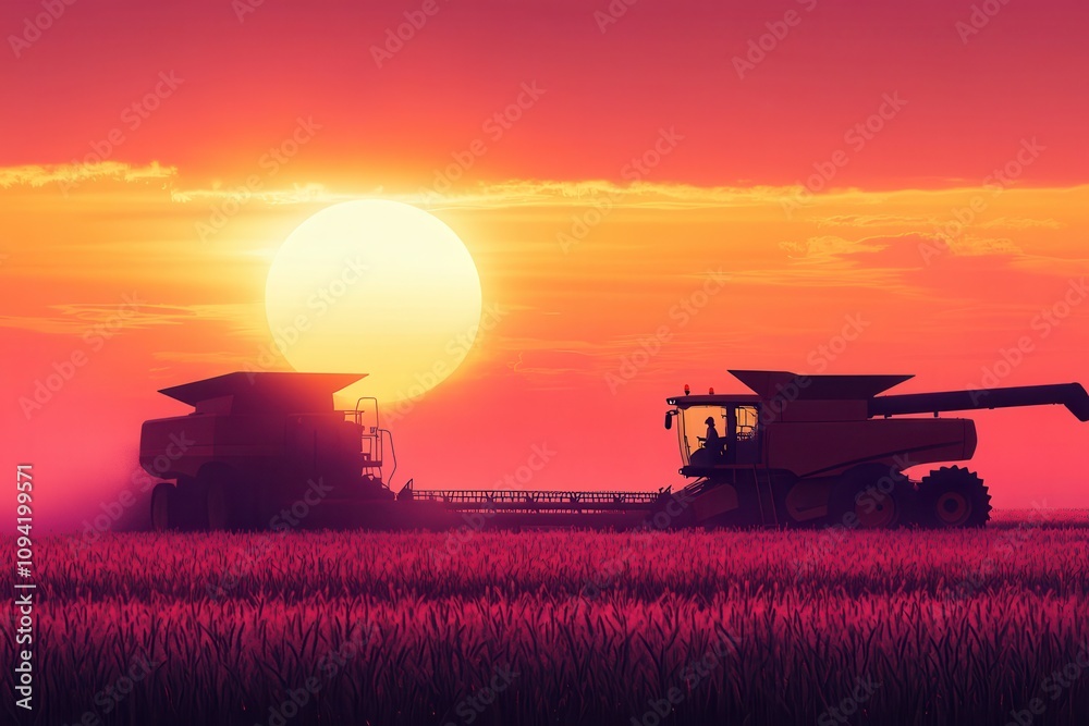 Fototapeta premium Harvesting at sunset. Silhouetted combines working a field at dusk; ideal for agriculture, farming, and rural themes.