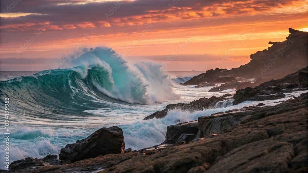 Large wave crashes against a rugged rocky coastline at sunset, rugged landscape, sea and sky, ocean waves Large wave crashes against a rugged rocky coastline at sunset, rugged landscape, sea and sky, ocean waves