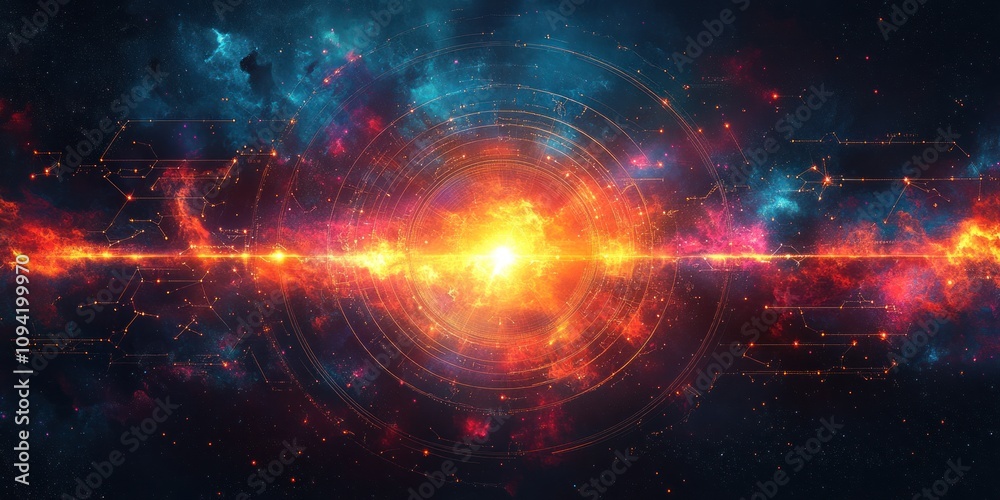 Cosmic Nebula with Fiery Central Explosion and Glowing Lines Cosmic Nebula with Fiery Central Explosion and Glowing Lines