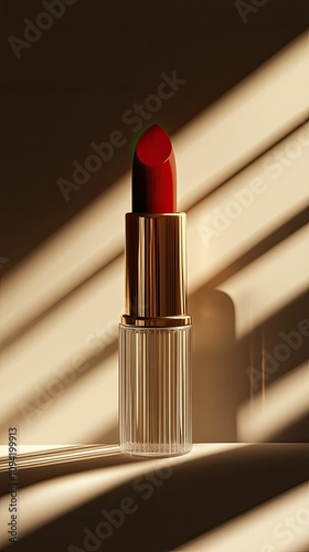 A minimalist poster highlighting a vibrant red lipstick against a soft, neutral background with dramatic light play