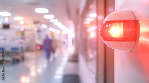 Emergency fire alarm system with red flashing light in a hospital setting. Medical, safety,medical equipment, news reports,insurance,fire drills, emergency rescue,life protection,safety awareness