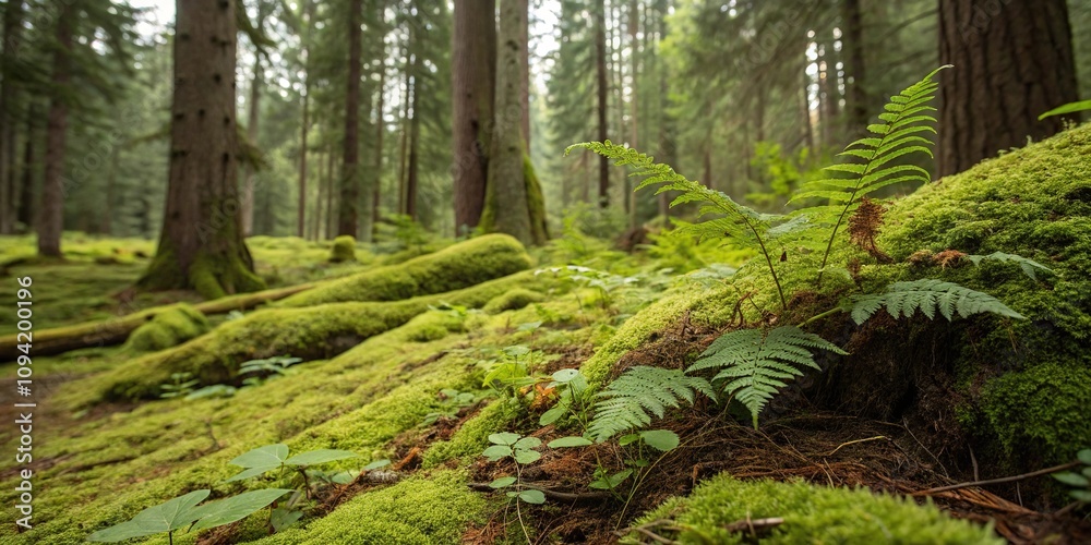 Fototapeta premium Lush forest floor with moss and ferns, plants, earthy