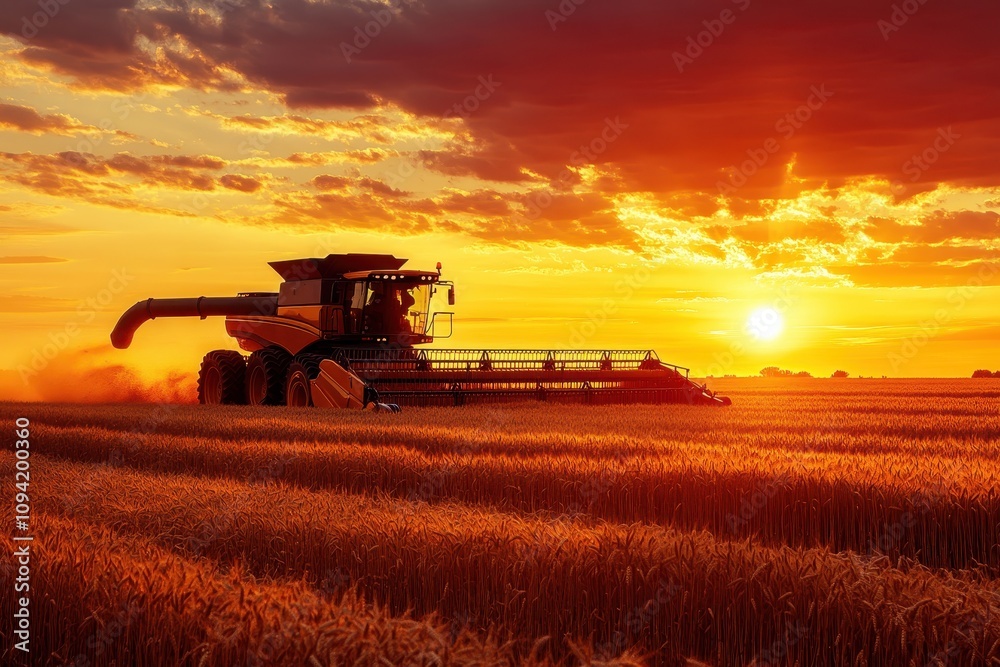 Fototapeta premium Harvesting at sunset. Ideal for agriculture, farming, and food industry projects.