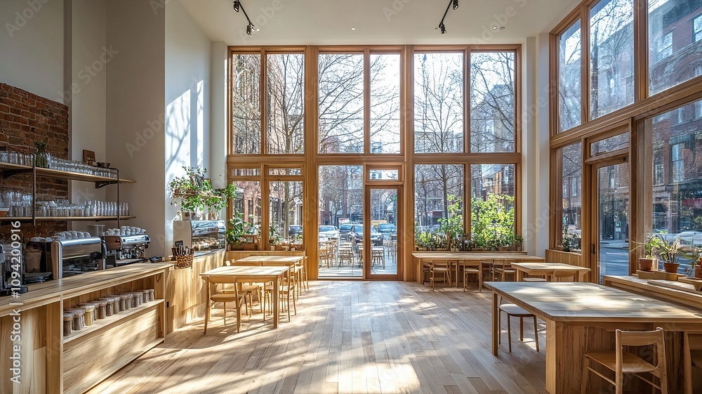 Bright modern cafe with natural lighting and wooden decor
