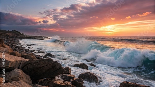 Ocean waves crashing on a rocky beach at sunset, warm light, golden sun, rugged coastline, sunset over ocean, ocean rocks