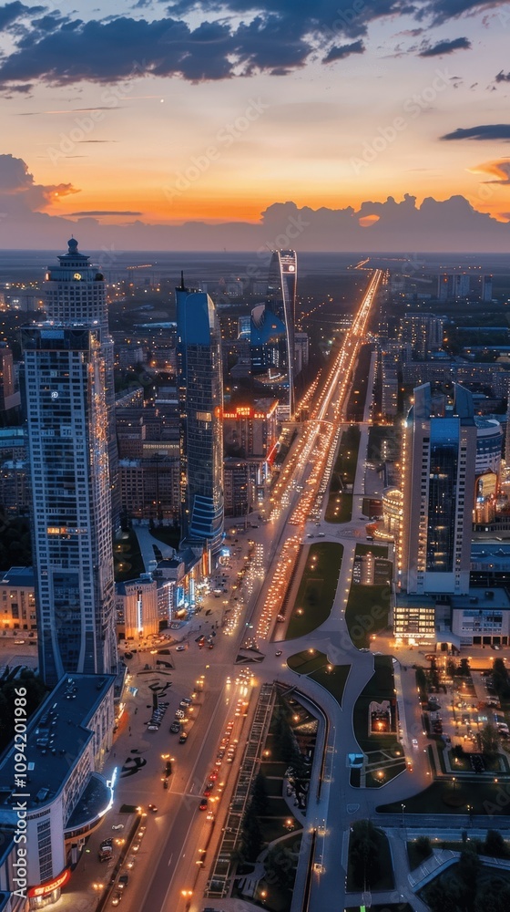 Obraz premium Urban Skyline at Sunset with City Lights