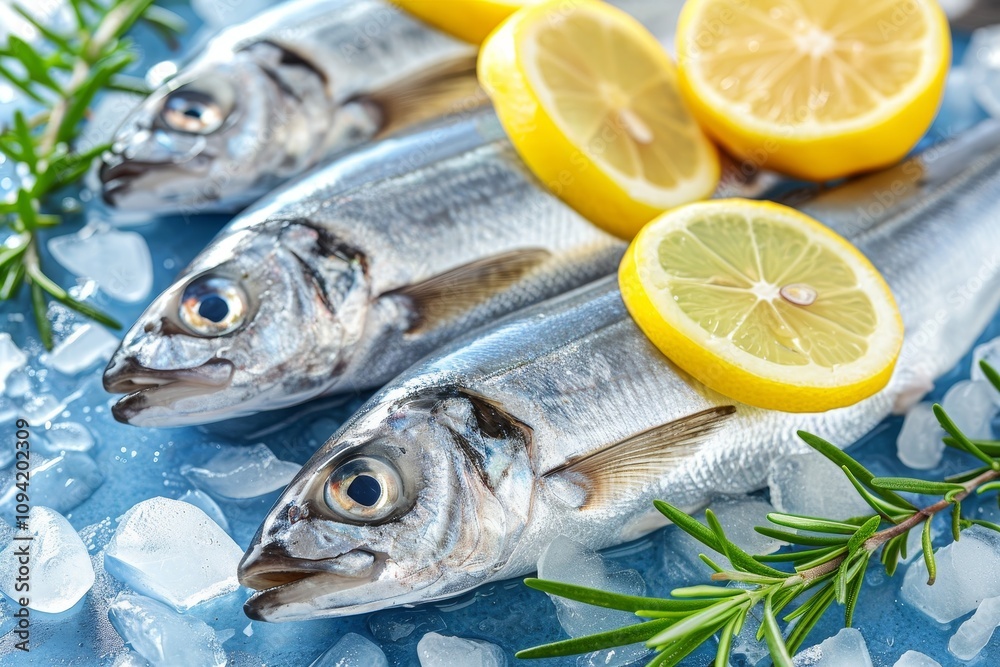 Freshly Caught Fish on Ice Bed A Culinary Delight Garnished with Zesty Lemon and Aromatic Rosemary Freshly Caught Fish on Ice Bed A Culinary Delight Garnished with Zesty Lemon and Aromatic Rosemary