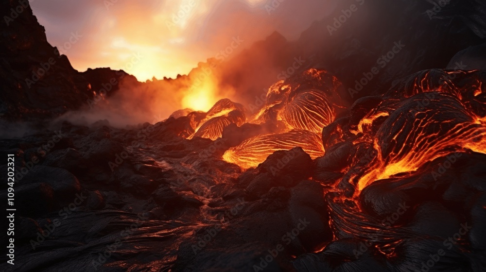Fototapeta premium Majestic Lava Flow during Sunset in Volcano Landscape