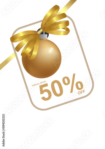New Year and Christmas sale design template. Decorative gold bow with diagonal golden ribbon, golden Christmas ball and with price tag isolated on white. Vector stock illustration. Winter. Template 