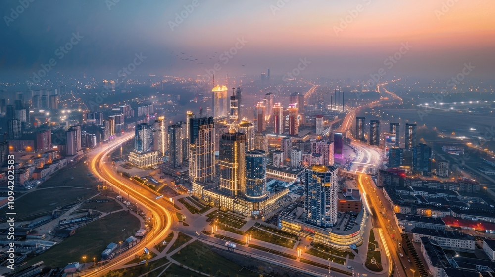 Fototapeta premium Stunning Aerial View of Urban Cityscape at Dusk