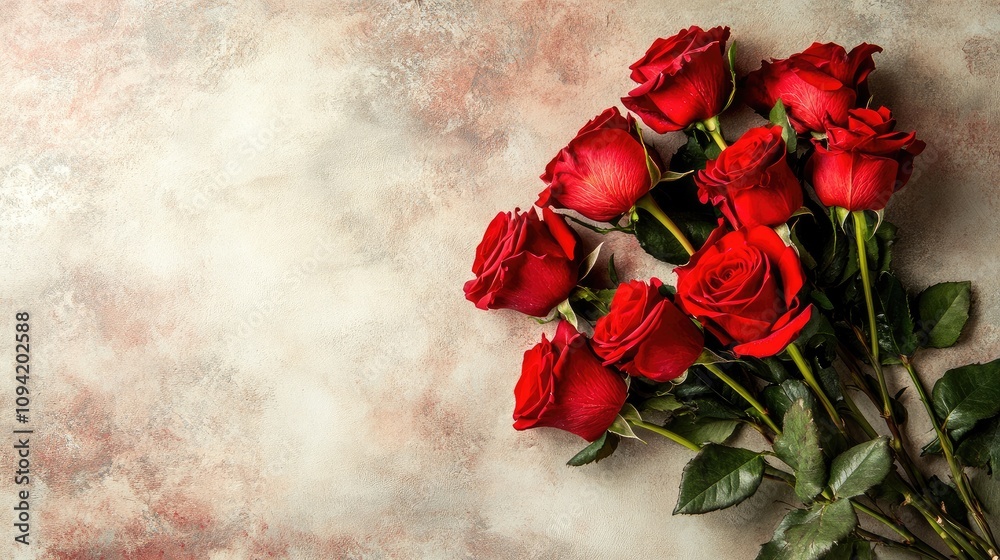 Beautiful Arrangement of Fresh Red Roses on a Textured Background Perfect for Celebrations, Romantic Occasions, or Floral Decoration Projects Beautiful Arrangement of Fresh Red Roses on a Textured Background Perfect for Celebrations, Romantic Occasions, or Floral Decoration Projects