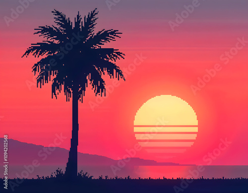 Vibrant Pixel Sunrise with Palm Tree Silhouette