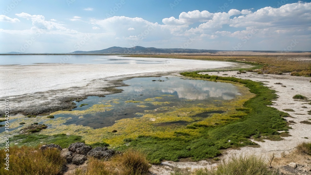 Salt pond with standing water and algae growth, ponds, greenery, aquatic life Salt pond with standing water and algae growth, ponds, greenery, aquatic life