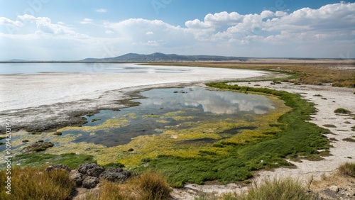 Salt pond with standing water and algae growth, ponds, greenery, aquatic life