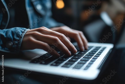 Close Up of Woman Hand Typing on Laptop Computer at Home Office for Online Work and Research