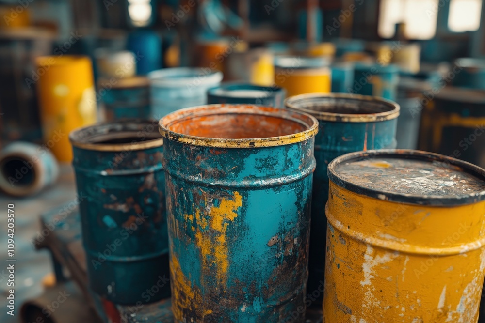 A collection of weathered barrels in an industrial setting, showcasing rust and wear. A collection of weathered barrels in an industrial setting, showcasing rust and wear.