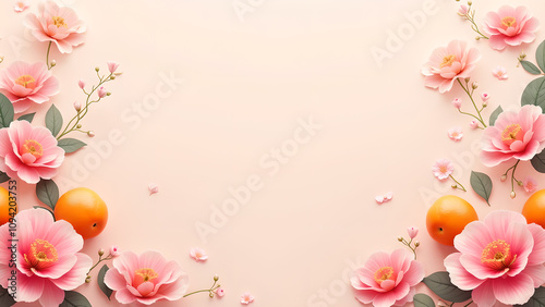 Pink Flowers and Orange Fruits on Peach Background. Floral Design Concept.