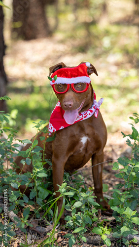 Christmas staffy in glasses with presents