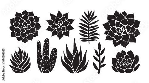 Succulent houseplant silhouette stamp set. Print shape home plant urban tropical jungle decor photo