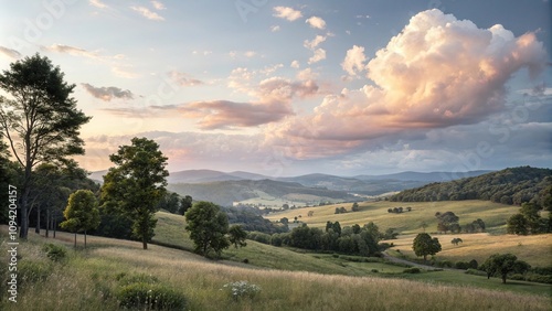 Soft pastel clouds float above a serene landscape with gentle hills and trees, natural scenery, gentle hills