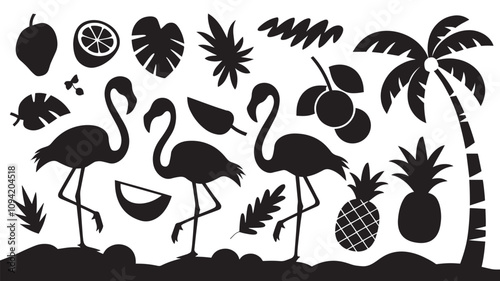 flamingos and tropical leaves. Flora and fauna.