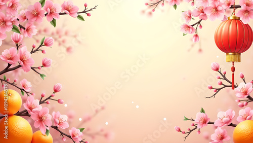 Chinese New Year Background with Peach Blossoms and Lanterns. Concept of celebration, spring, and prosperity.