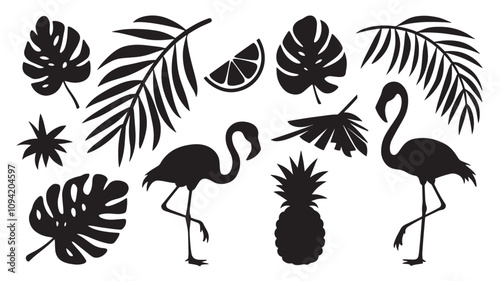 flamingos and tropical leaves. Flora and fauna.