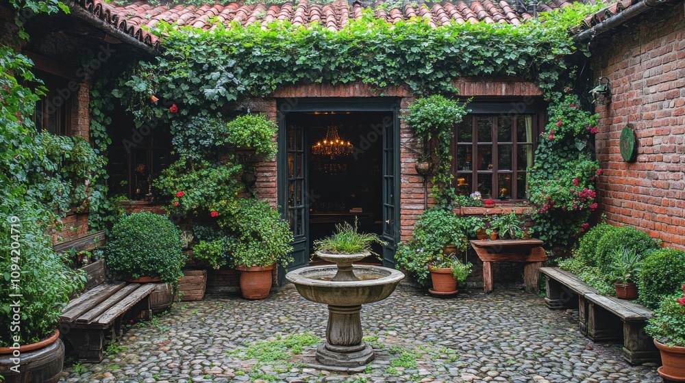 Fototapeta premium Cobblestone Courtyard Oasis