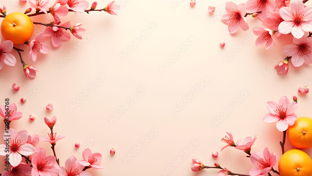 Fototapeta premium Peach blossom and tangerine frame on pastel background. Concept of Chinese New Year, spring, and celebration.