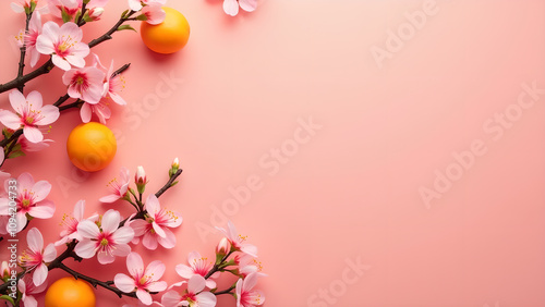 Pink background with blossom flowers and oranges. Concept of Chinese New Year, Spring, and celebration.