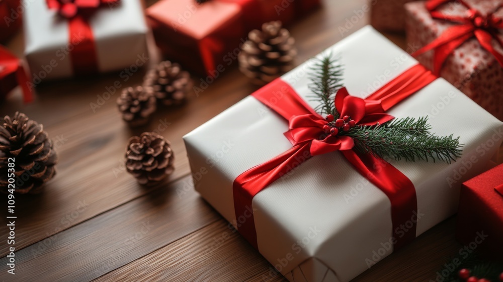 A close-up of beautifully wrapped Christmas gifts with elegant ribbons and a sprig of holly on a wooden table surrounded by pinecones A close-up of beautifully wrapped Christmas gifts with elegant ribbons and a sprig of holly on a wooden table surrounded by pinecones