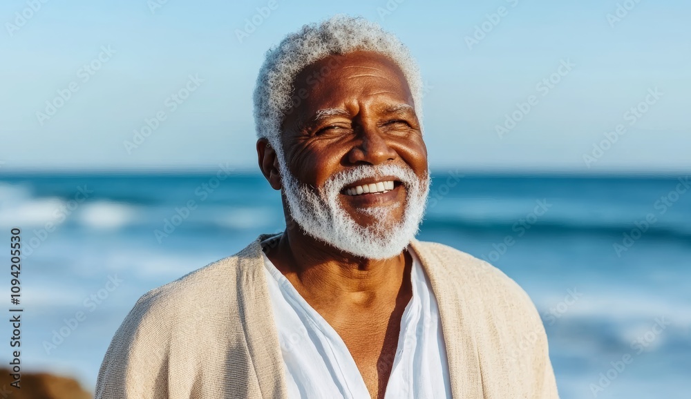 Elderly Man Smiling at the Beach with Ocean View Elderly Man Smiling at the Beach with Ocean View
