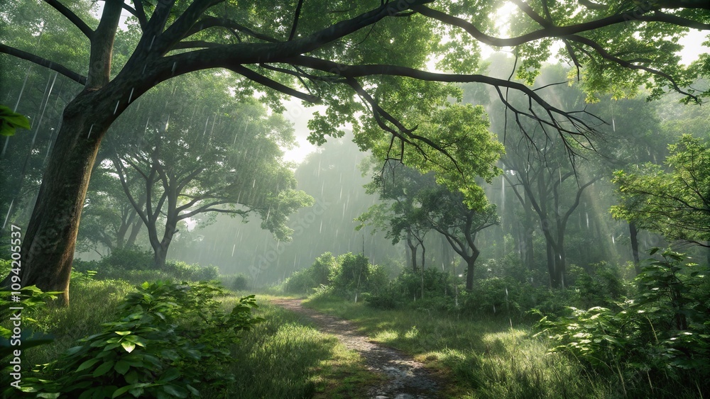 The canopy of a dense forest is adorned with raindrops and lush greenery as the sun casts dappled shadows on the ground, darkforest, forestfloor, eveningwoodlands, nature, wetleafs The canopy of a dense forest is adorned with raindrops and lush greenery as the sun casts dappled shadows on the ground, darkforest, forestfloor, eveningwoodlands, nature, wetleafs