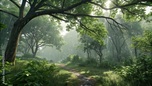 The canopy of a dense forest is adorned with raindrops and lush greenery as the sun casts dappled shadows on the ground, darkforest, forestfloor, eveningwoodlands, nature, wetleafs photo