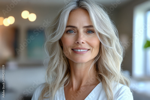Smiling woman with long blonde hair in modern indoor setting during daylight