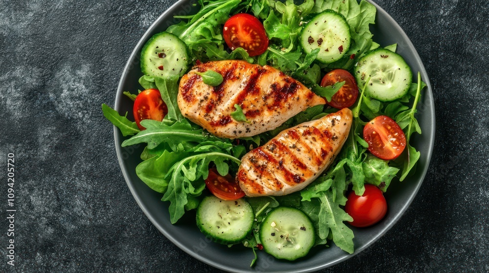 Grilled chicken breast served on a bed of fresh greens and vegetables. Grilled chicken breast served on a bed of fresh greens and vegetables.