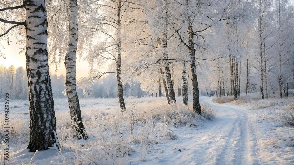 Fototapeta premium The snow-covered ground beneath the birch trees is blanketed with a layer of frost giving the forest floor an ethereal glow, frozen, birch forest, frost, cold weather