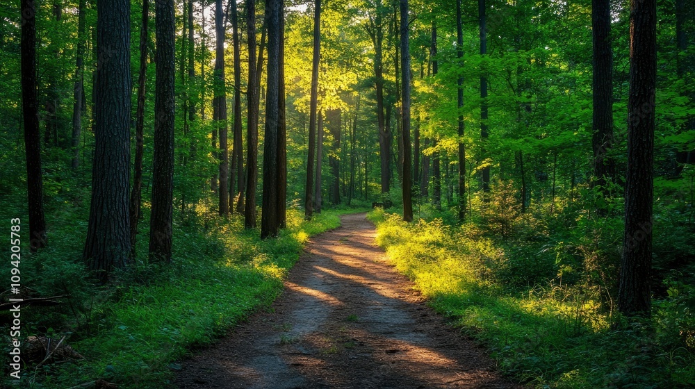 Fototapeta premium A serene forest path illuminated by sunlight, inviting exploration and tranquility.