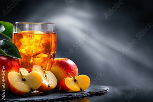 Glass of freshly squeezed apple juice and sliced apple wedges on a kitchen table with a dark background...