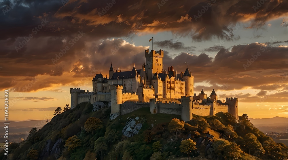 The castle, bathed in the warm glow of the setting sun, creates a breathtaking scene, a symphony of colors and light The castle, bathed in the warm glow of the setting sun, creates a breathtaking scene, a symphony of colors and light