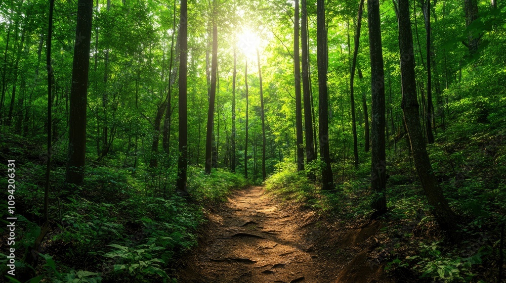 Fototapeta premium A serene forest path illuminated by sunlight, inviting exploration and tranquility.