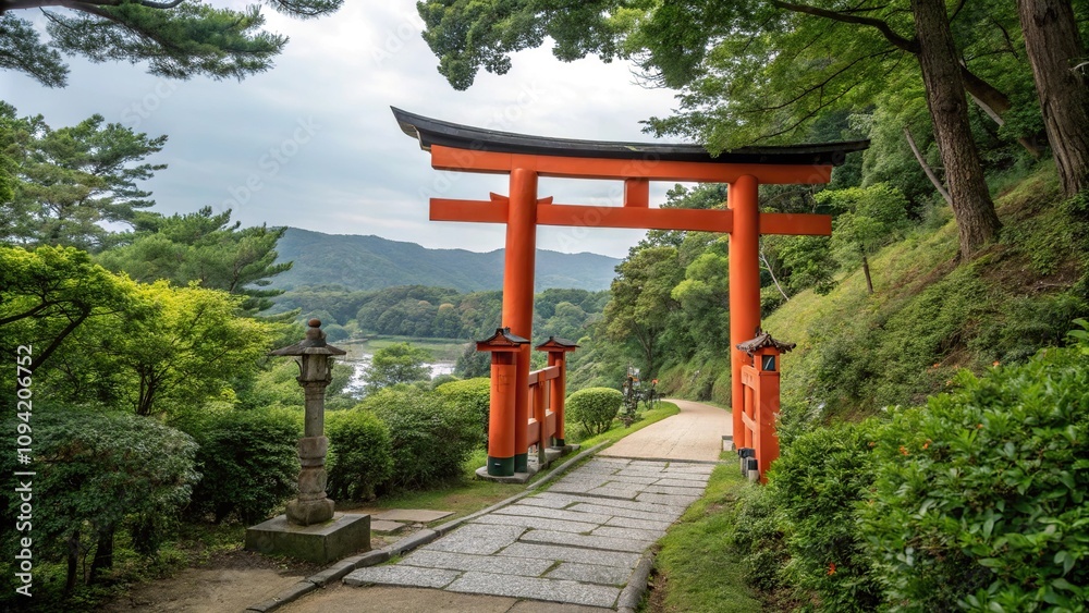 Vibrant torii gate surrounded by lush greenery, natural surroundings, vibrant colors, torii gate, serene atmosphere, Japanese architecture Vibrant torii gate surrounded by lush greenery, natural surroundings, vibrant colors, torii gate, serene atmosphere, Japanese architecture