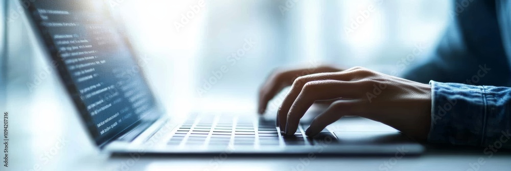 Business woman typing on laptop keyboard in office casual setting with soft light and blurred background Business woman typing on laptop keyboard in office casual setting with soft light and blurred background