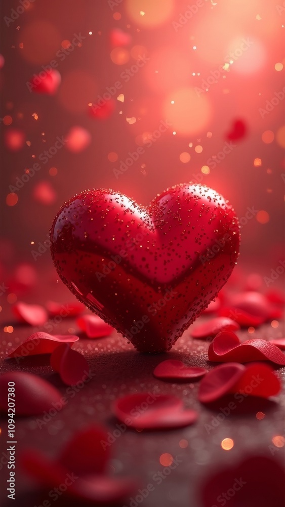 Red heart decoration with romantic mood on a background of rose petals and bokeh lights Red heart decoration with romantic mood on a background of rose petals and bokeh lights