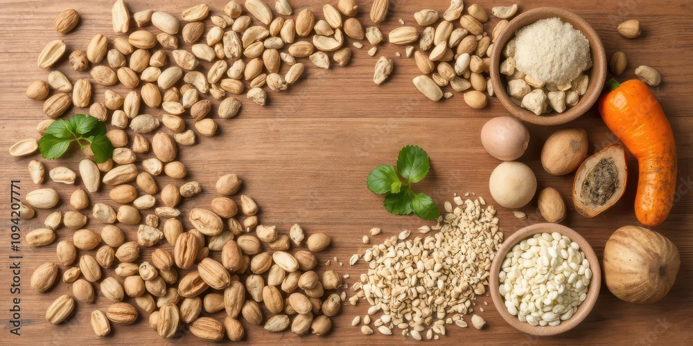 Various textured foods such as nuts, seeds, and vegetables arranged on a wooden table, ingredients