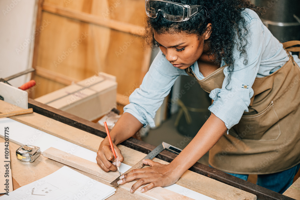 African American carpenter woman drawing a line on wood with a pencil and ruler in workshop. Focused on precise measurements, woodworking, and construction tasks in carpentry, National Carpenters Day African American carpenter woman drawing a line on wood with a pencil and ruler in workshop. Focused on precise measurements, woodworking, and construction tasks in carpentry, National Carpenters Day