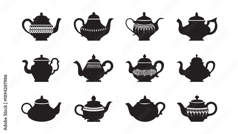 Teapot silhouettes in various styles. isolated vector on white background Teapot silhouettes in various styles. isolated vector on white background