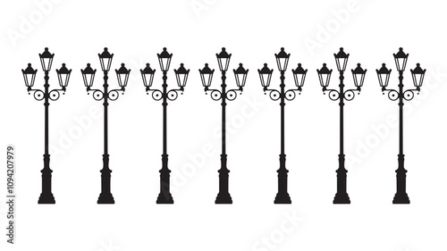 Collection of vintage street lights. Silhouette of wall street lamp, black and gray color, isolated on white background