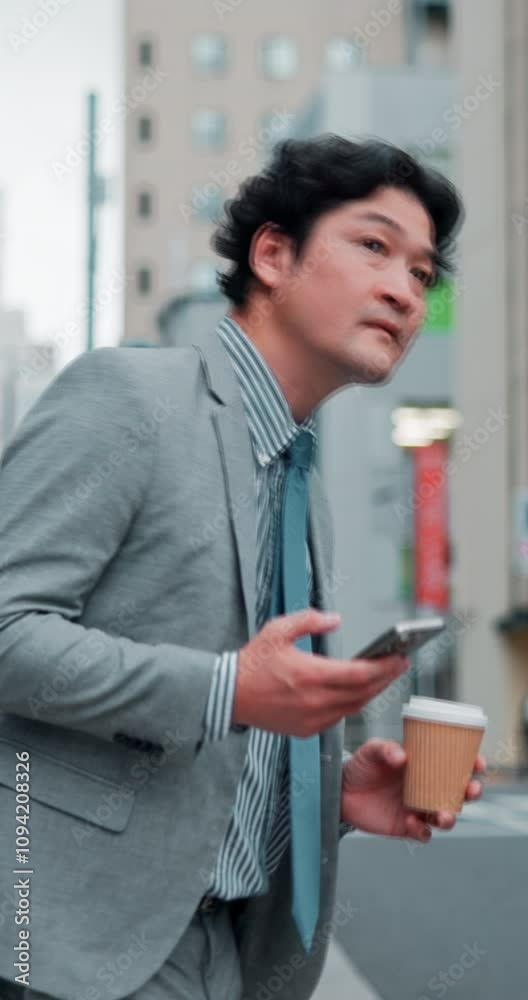 Asian, businessman and waiting with phone for taxi, lift or cab ride on pavement or sidewalk in Tokyo city. Japanese, man or pedestrian looking for transport, travel or road trip in an urban town Asian, businessman and waiting with phone for taxi, lift or cab ride on pavement or sidewalk in Tokyo city. Japanese, man or pedestrian looking for transport, travel or road trip in an urban town