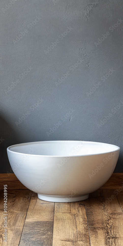 Simple white bowl placed against a grey wall in a modern interior space Simple white bowl placed against a grey wall in a modern interior space